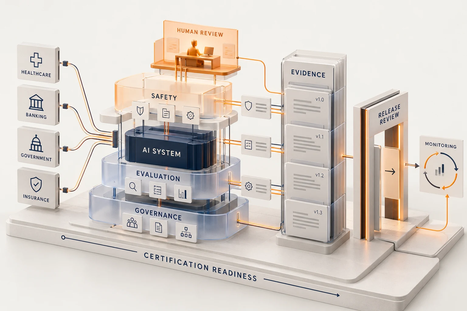 AI assurance illustration connecting safety evaluation, governance, human review and evidence to release review and certification readiness.