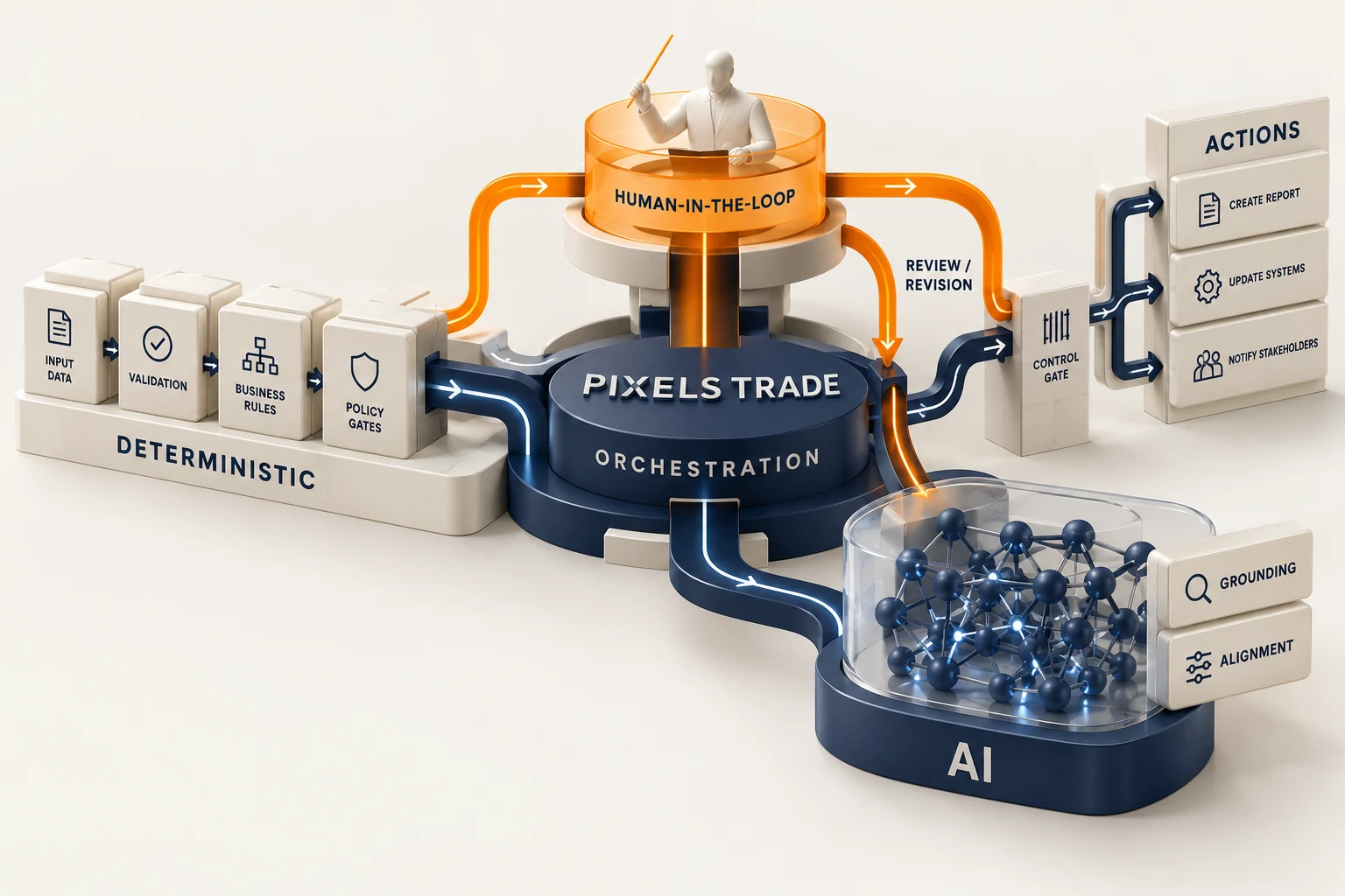 Pixels Trade orchestration hub connecting deterministic rules, AI proposals and an orange human approval branch before controlled execution.