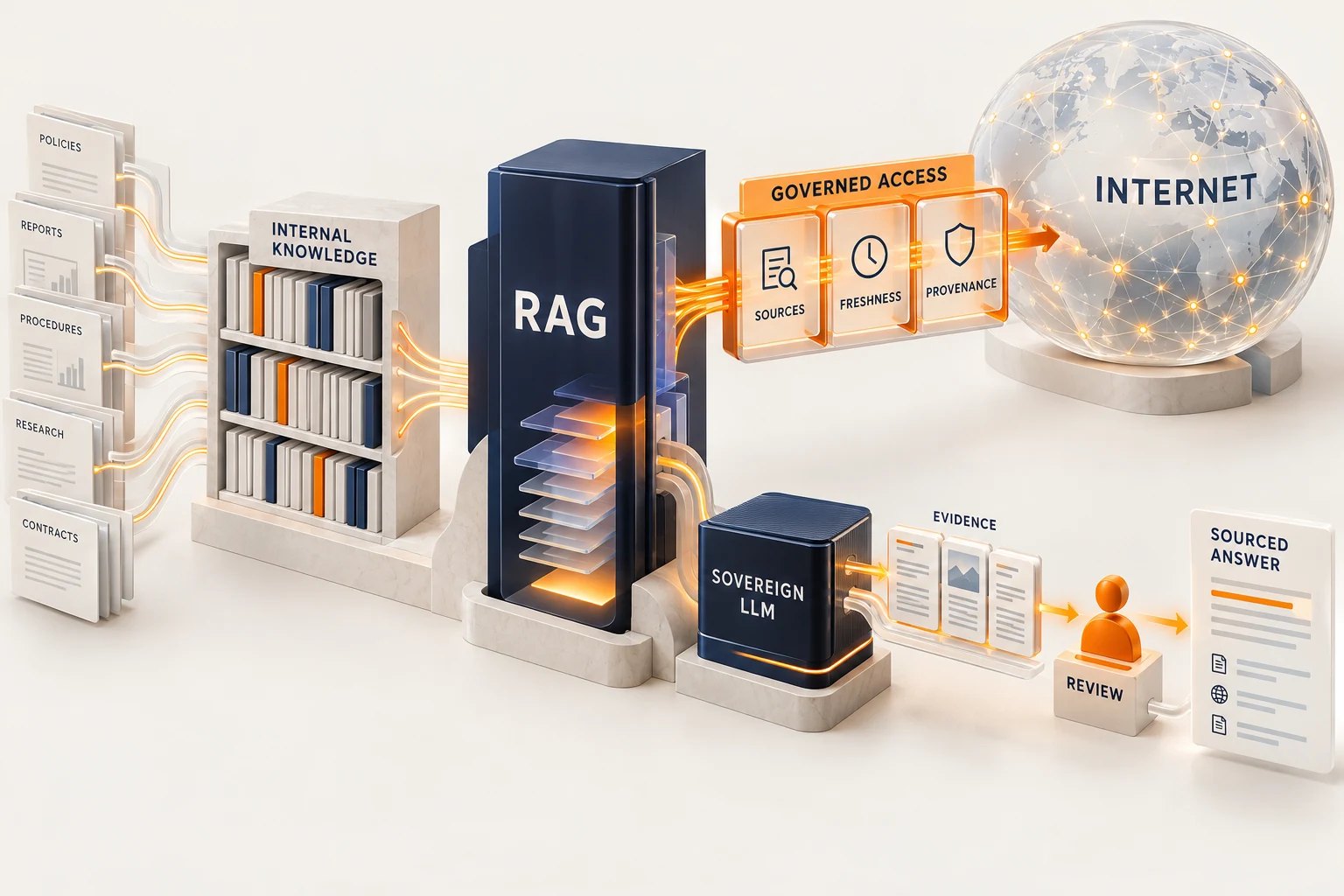 RAG knowledge architecture illustration linking an internal index, approved Internet sources and a separate model through controlled boundaries.